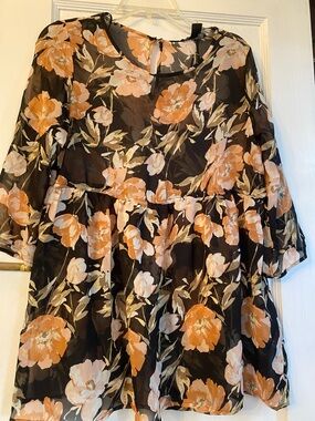 Women’s Sheer Black Floral Peplum Blouse with Orange Flowers Small - 18"W x 28"L
